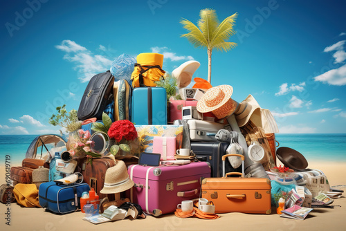 Vacation and travel concept. Huge pile of things for the holiday over beach background. photo