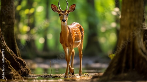 The image of a male barking deer walking for food in  national park reflects  of the lush World Heritage forest, raising awareness of conservation of wildlife and natural resource. photo