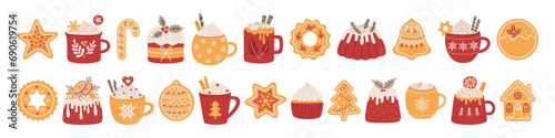 Set of winter hot drinks with whipped cream in cute cups, Christmas fruit cakes, and holiday gingerbread cookies. Vector illustration of homemade sweet baking, holiday chocolate, coffee, or cocoa.