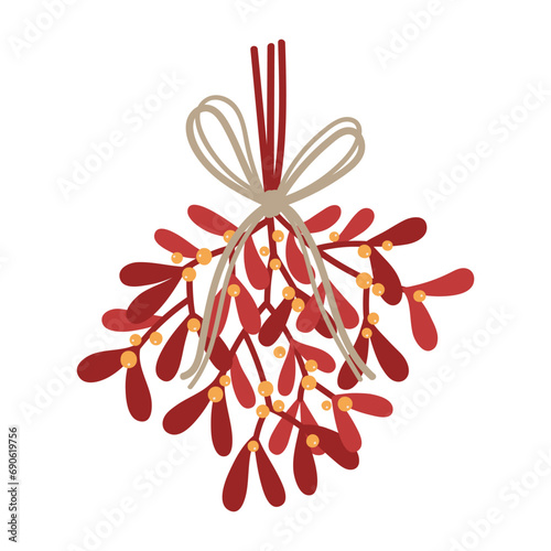 Christmas mistletoe bunch. Vector illustration of red mistletoe branches with leaves and yellow berries. Sprigs with a ribbon tied with a bow, isolated on a white background.