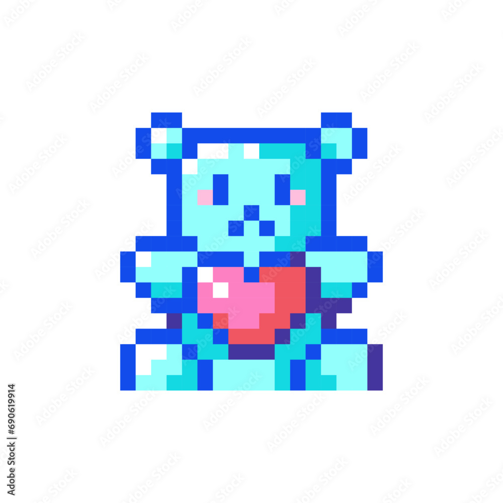 Pixel art Teddy Bear Icon. Vector Pixel 8bit Plush Toy Gift. 80s 90s Retro Game Decor For Valentine's Day. Pixelated Nostalgic and Romantic Sticker Illustration on white background. Pixel art Teddy Bear Icon. Vector Pixel 8bit Plush Toy Gift. 80s 90s Retro Game Decor For Valentine's Day. Pixelated Nostalgic and Romantic Sticker Illustration on white background.