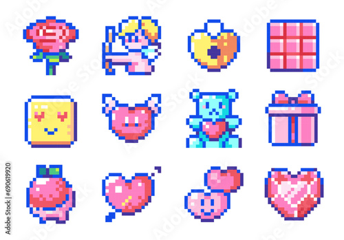 Pixel Art Pink Love and Valentine's Day Hearts Icons. 8 bit style stickers of 8bit pixel heart, flower, sweet desserts, strawberry, plus bear toy, gift box, heart crystal jewel, heart cute lock, 
