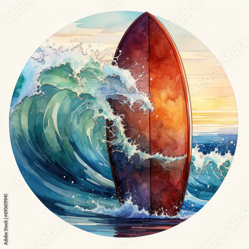 watercolor Surfboard clipart, Generative Ai