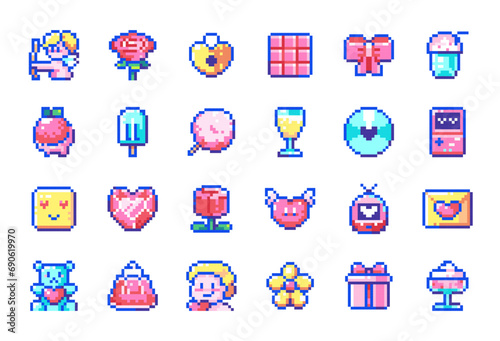 Pixel Art Valentine Icons. 8bit Pixelated Love and Romantic Stickers - Cupid, Flower, Chocolate, Heart Lock, Bow, Cotton Candy, Strawberry, Gift Box, Game Handheld Console, Jewel, Plush Toy, Ice Cream