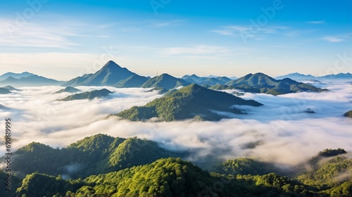 The image of the sea of fog in the morning under the clear blue sky at the peak of Mountain in Park is one of the most beautiful sea fog spots .
