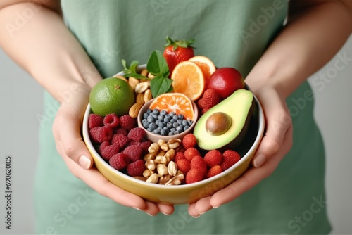 Woman holding bowl with products for heart healthy diet, closeup. generative ai.