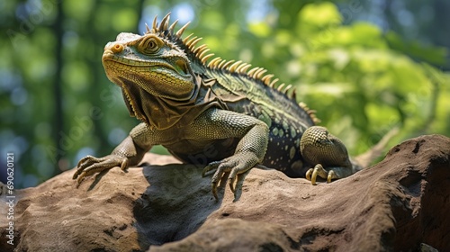 In the zoo, a lizard relaxes on a rock.