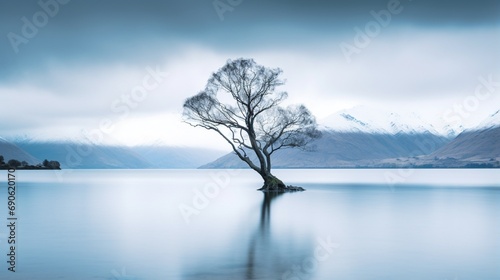 The lone tree at the blue Lake with an overcast sky as a backdrop under the early sun, providing a sense of peaceful, its a unique identity that draws people to captures the tree.