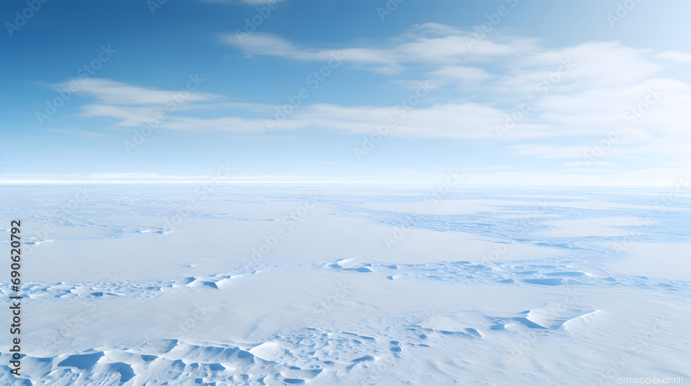 Aerial view of a vast untouched snowy landscape in Antarctica.