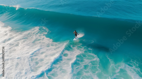 Aerial view of a surfer catching a wave in the blue ocean. © Legano