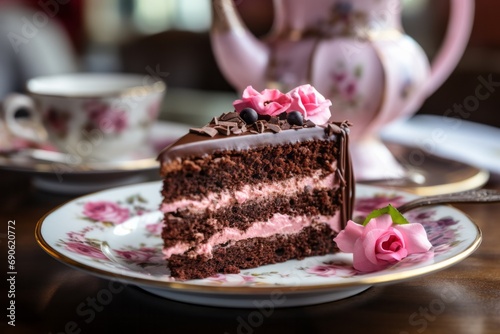 A slice of chocolate cake with roses served on a vintage saucer and dish photo