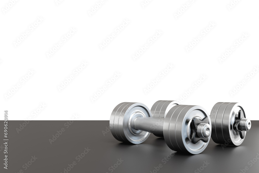 Two metal dumbbells lying on the floor. 3D rendering Two metal dumbbells lying on the floor. 3D rendering