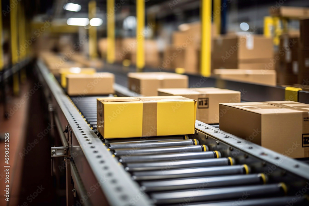 Lots of cardboard boxes in fulfillment center. Indoor view of warehouse. conveyor system to move products stored in cardboard boxes Lots of cardboard boxes in fulfillment center. Indoor view of warehouse. conveyor system to move products stored in cardboard boxes