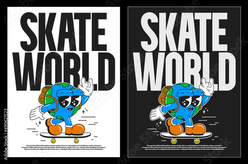 Cartoon typography groovy poster 70s . Cute retro walking planet characters, Hippie style. With text "Skate world". Vintage prints