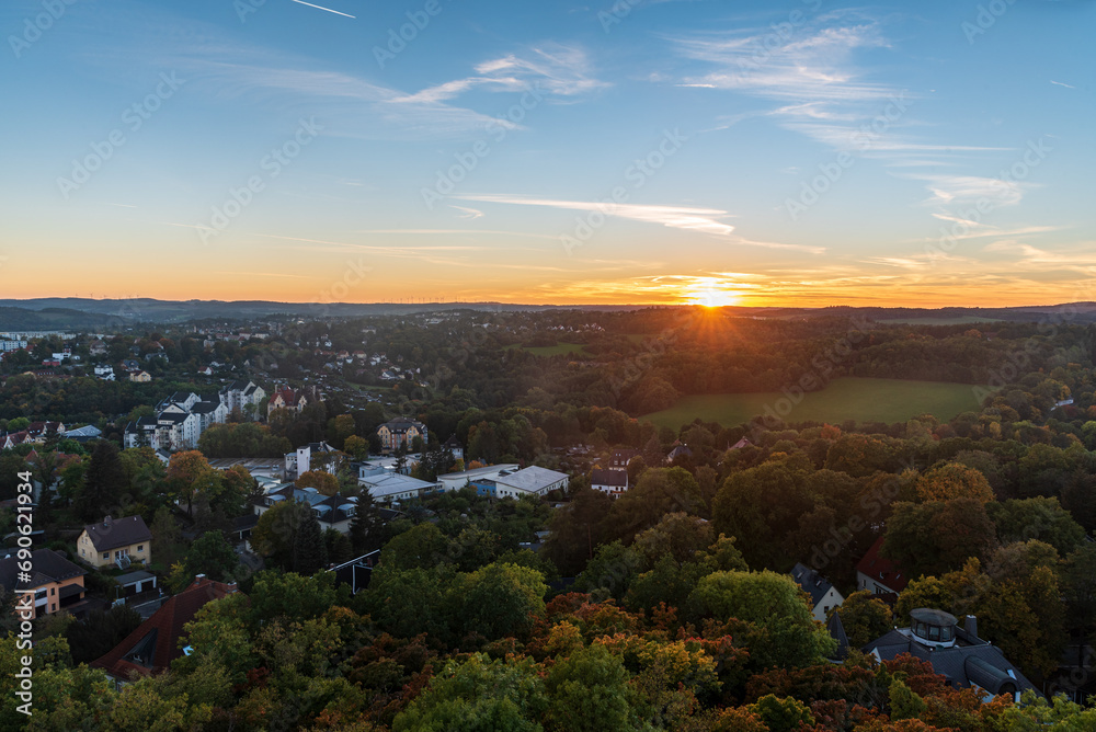 Sunset from lookout tower on Barenstein hill in Plauen city in Germany