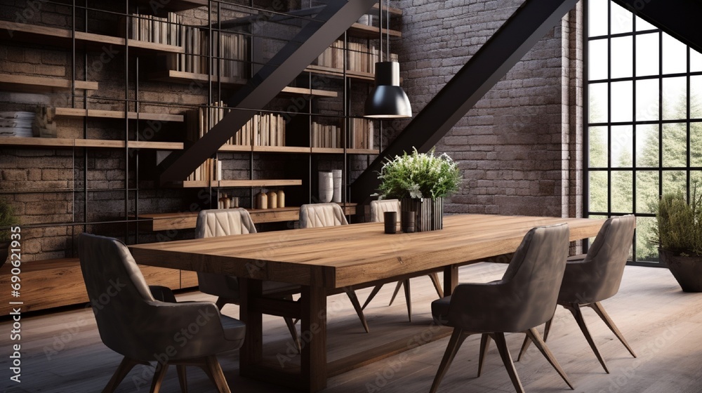 modern wooden table in the loft interior
