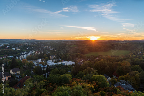 Sunset from lookout tower on Barenstein hill in Plauen city in Germany