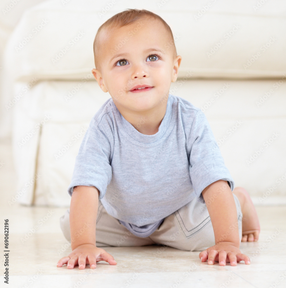 Cute, sweet and young baby at his home playing for child development and growth. Face, youth and happy boy newborn, infant or kid having fun and crawling on the floor in living room of a modern house Cute, sweet and young baby at his home playing for child development and growth. Face, youth and happy boy newborn, infant or kid having fun and crawling on the floor in living room of a modern house
