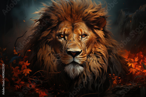 Illustration adult male lion king portrait. Generative AI