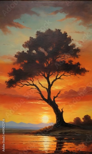 Vintage Oil Painting Of A Sunset With A Lonely Tree.