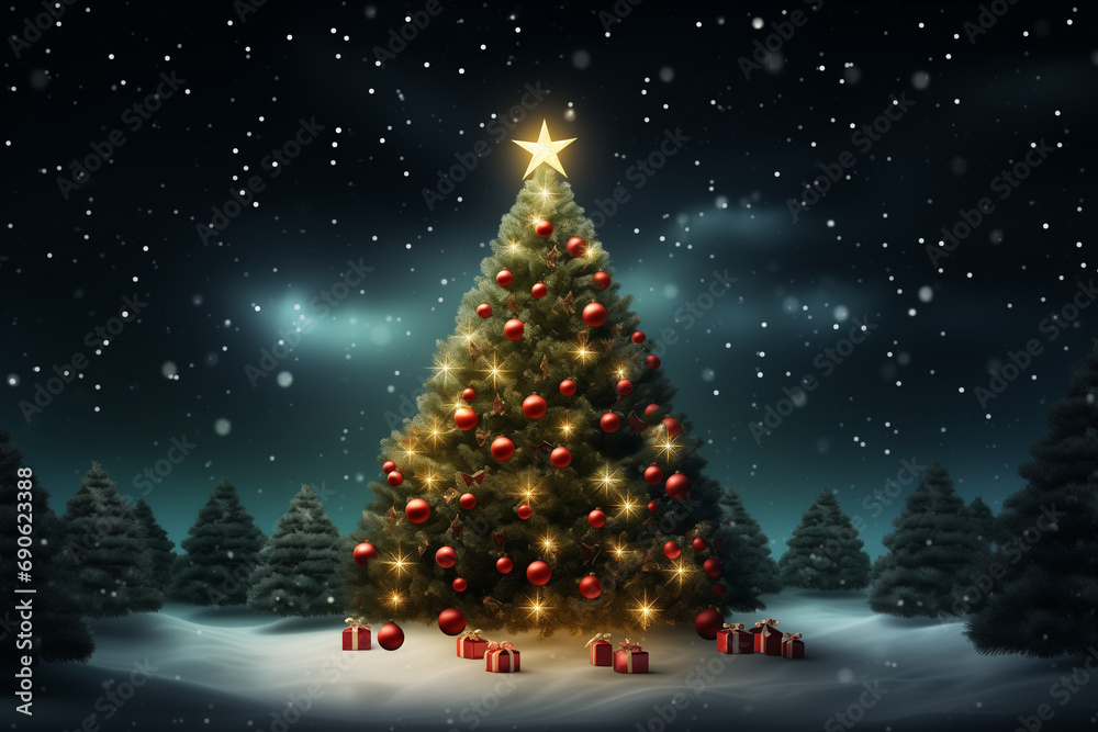 christmas tree background with holiday winter decoration and shiny lights