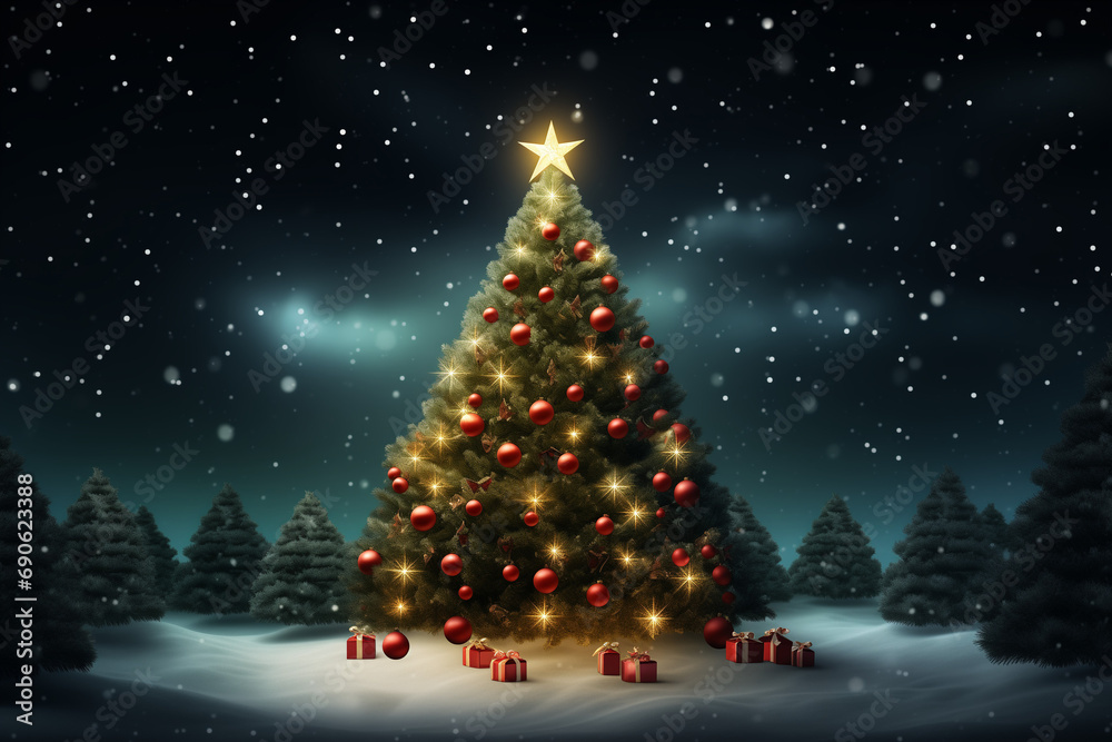 Obraz premium christmas tree background with holiday winter decoration and shiny lights
