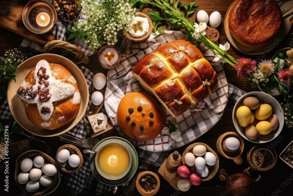 flat lay top view on a fluffy round wheat yeast brioche pastry with whimsical pattern on wooden table, surrounded by colored easter eggs and spring dishes, clean rustic setting.