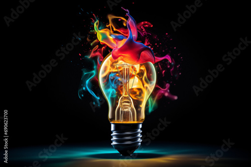 creative light bulb explodes with colorful paint and splash idea