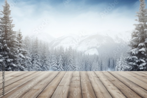 Winter xmas background with empty space on table top in front. Christmas horizontal blank scene. Wooden table top in front, blurred сhristmas tree in the snow.  © Werckmeister