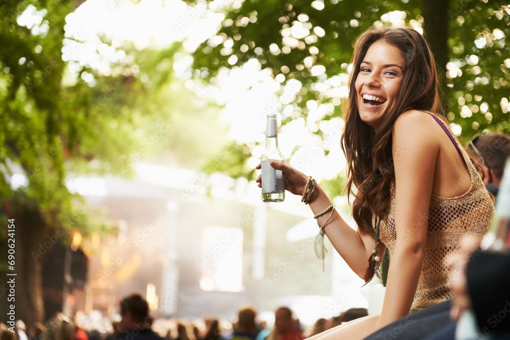 Happy woman, portrait or laughing with drink at music festival, event or outdoor party in nature. Female person smile with alcohol enjoying sound or DJ performance at concert, carnival or summer fest - obrazy, fototapety, plakaty 