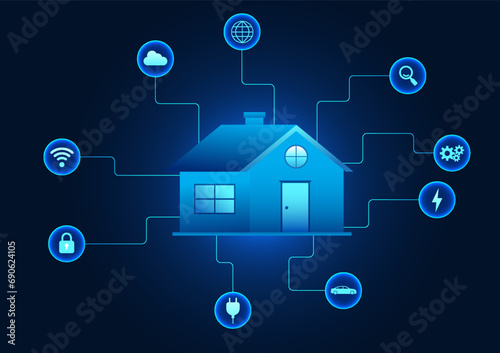 Internet of Things technology A home connected to IoT devices to remotely control devices or information is a modern technology innovation. Vector illustration