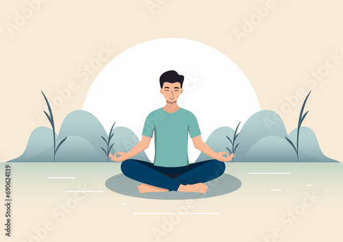 Man meditating With a smiling face showing happiness and calm to collect your thoughts and think about your goals It is sitting cross-legged Background that shows tranquility without disturbing people