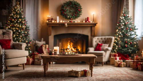 Christmas tree in the living room with fireplace and gifts © Alexey Akimov
