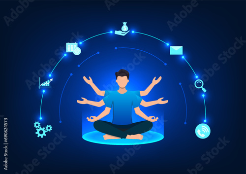 Business man meditating with multiple arms with icons representing multitasking. Work together efficiently. Vector illustration