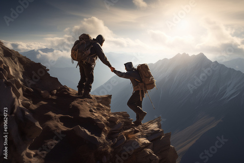 Hiker helping friend reaching the mountain top. Teamwork Motivation