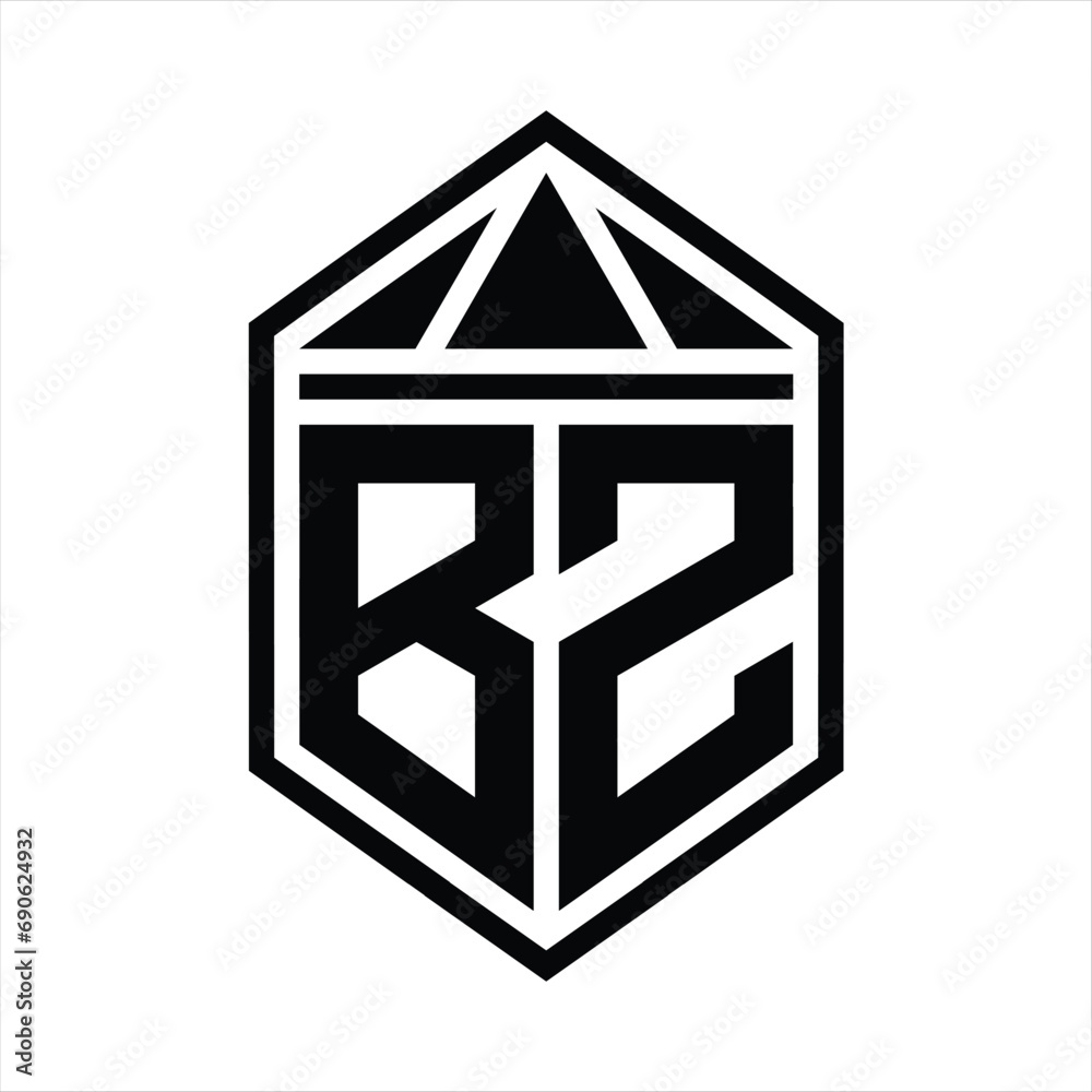 BZ Letter Logo monogram simple hexagon shield shape with triangle crown isolated style design BZ Letter Logo monogram simple hexagon shield shape with triangle crown isolated style design