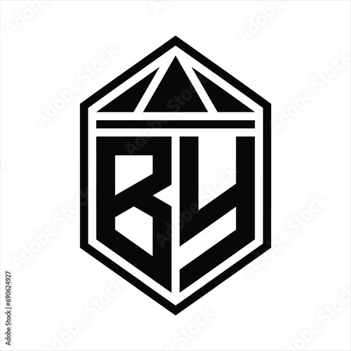 BY Letter Logo monogram simple hexagon shield shape with triangle crown isolated style design