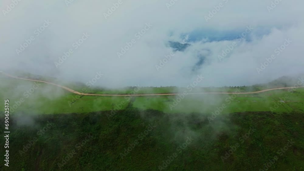 Steppe with green grass covered by misty clouds on a mountain in the middle of a tropical forest with an aerial view from a drone. Steppe with green grass covered by misty clouds on a mountain in the middle of a tropical forest with an aerial view from a drone.