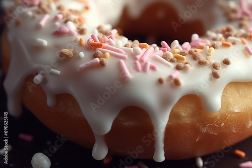 Frosted Birthday cake glazed doughnut with white icing and sprinkles, Sweet tasty American dessert bakery party birthday celebration