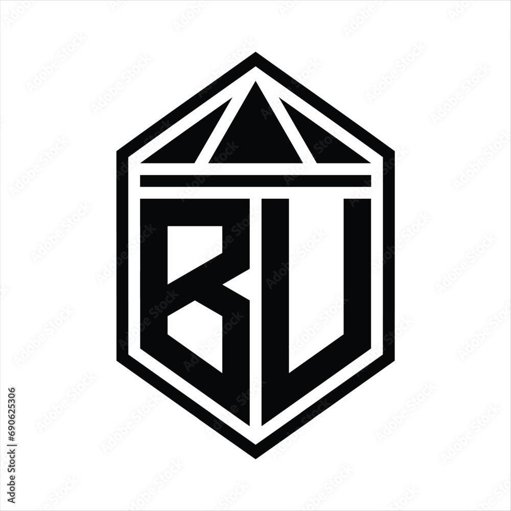 BU Letter Logo monogram simple hexagon shield shape with triangle crown isolated style design BU Letter Logo monogram simple hexagon shield shape with triangle crown isolated style design