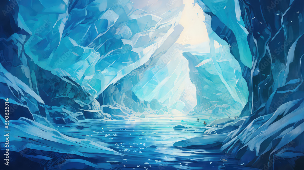 Obraz premium oil painting on canvas, Inside an ice cave in Vatnajokull, Iceland. The ice is thousands of years old and so packed it is harder than steel and crystal clear. USA.