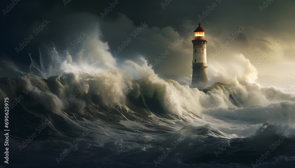 lighthouse in storm over the ocean