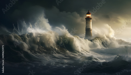 lighthouse in storm over the ocean photo