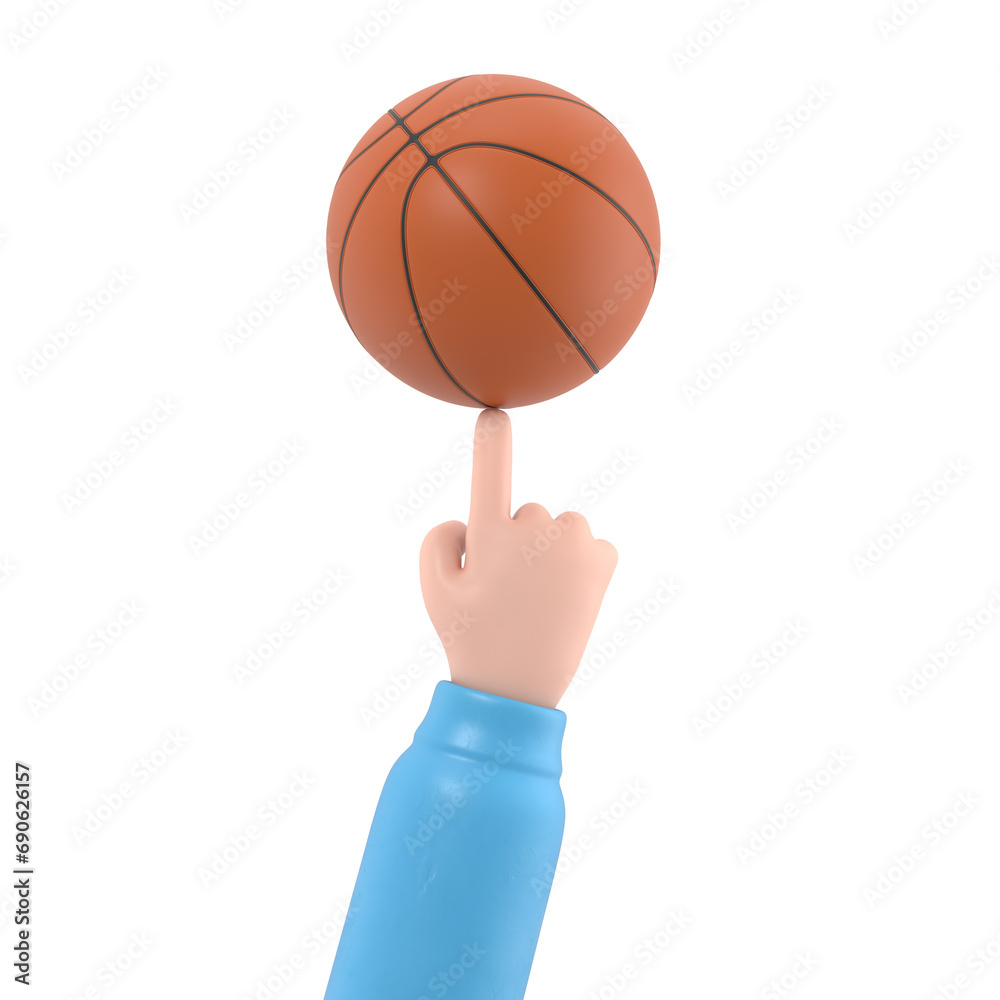 Cartoon Gesture Icon Mockup.3d businessman's hand is spinning a basketball ball on his finger,Supports PNG files with transparent backgrounds.
