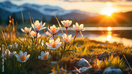  Spring Wildflowers in the Glow of a Mountain Lake Sunset #690626178