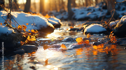  Golden Sunset over Spring Stream With Budding Trees Along the  Banks with Melting Snow, Forest Creek photo