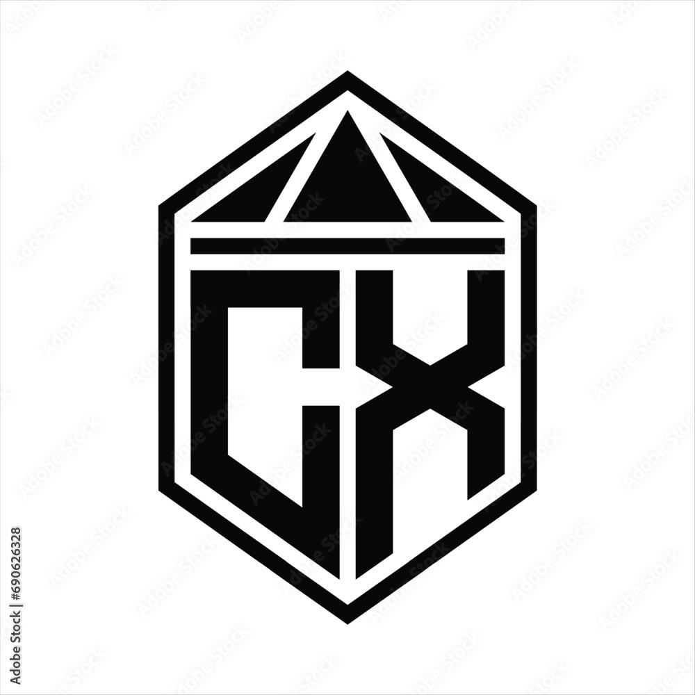 CX Letter Logo monogram simple hexagon shield shape with triangle crown isolated style design CX Letter Logo monogram simple hexagon shield shape with triangle crown isolated style design