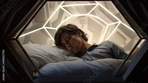 A person resting inside a futuristic sleep pod. photo