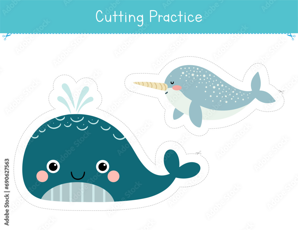 Cutting practice activity for kids with cute blue whale and narwhal ...