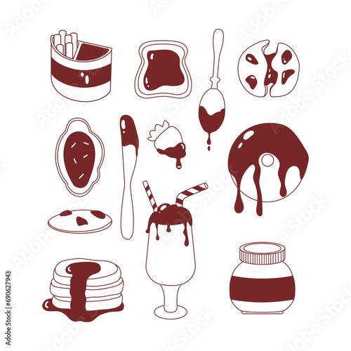 Set of desserts with hazelnut cream. Vector outline elements